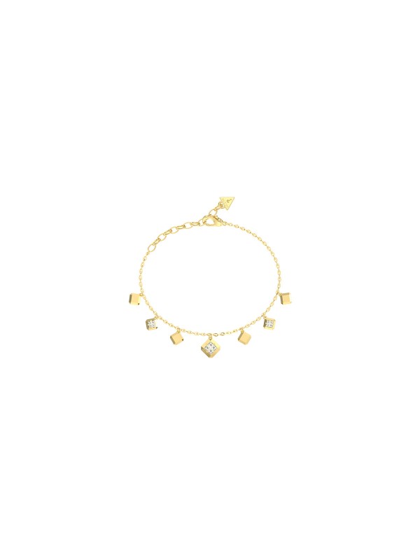 Ženska Guess narukvica u boji žutog zlata sa visećim cirkonima. Podesiva dužina i elegantan dizajn za različite prilike. Naruči online!