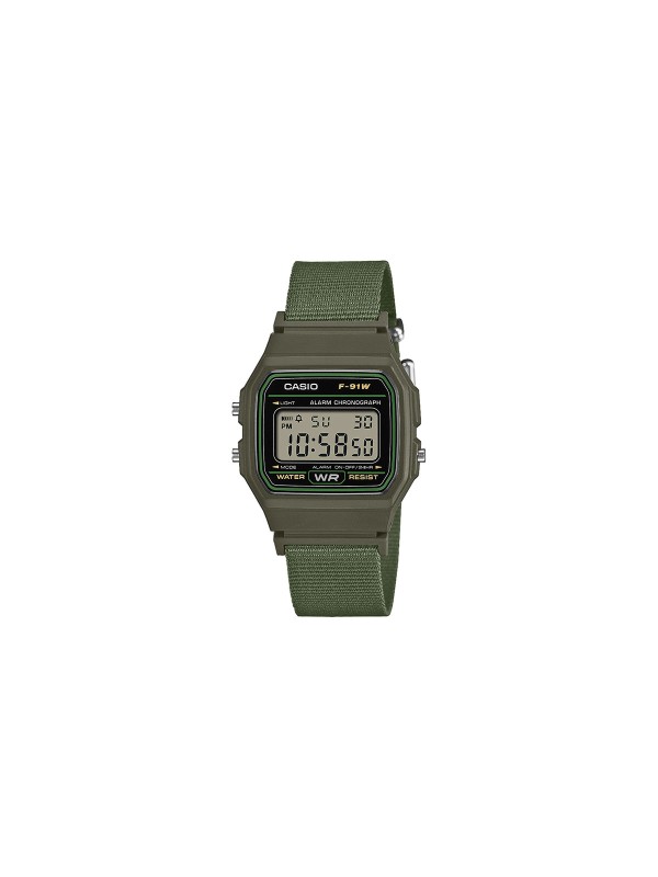 Casio unisex digitalni sat sa maslinastozelenom platnenom narukvicom od recikliranih vlakana. LED osvetljenje, štoperica i alarm. Naruči online!