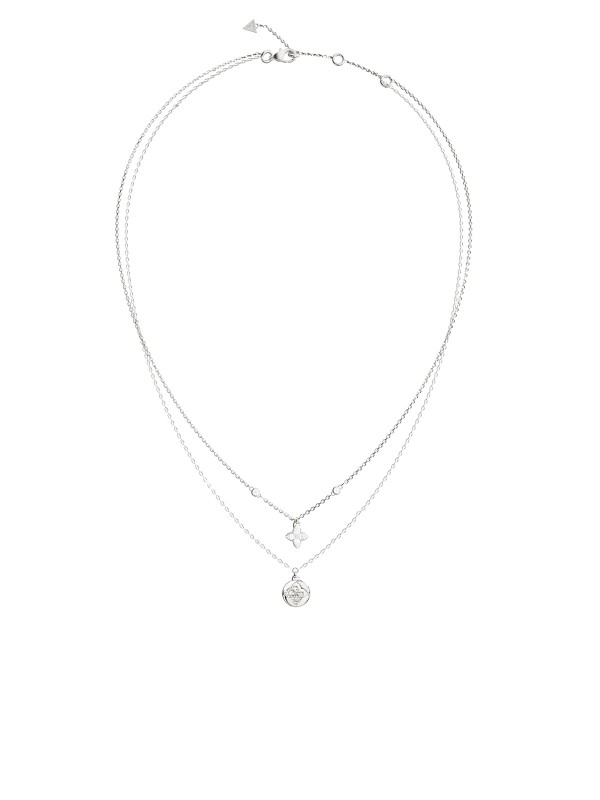 Ženska Guess ogrlica u srebrnoj boji sa dva lančića i cvetnim privescima sa kristalima. Podesiva dužina 41–46 cm. Naruči online!