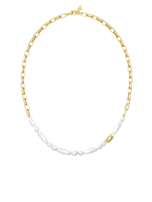 Ženska Guess ogrlica u boji žutog zlata sa bisernim perlama. Nerđajući čelik i elegantan, sofisticiran dizajn. Naruči online!