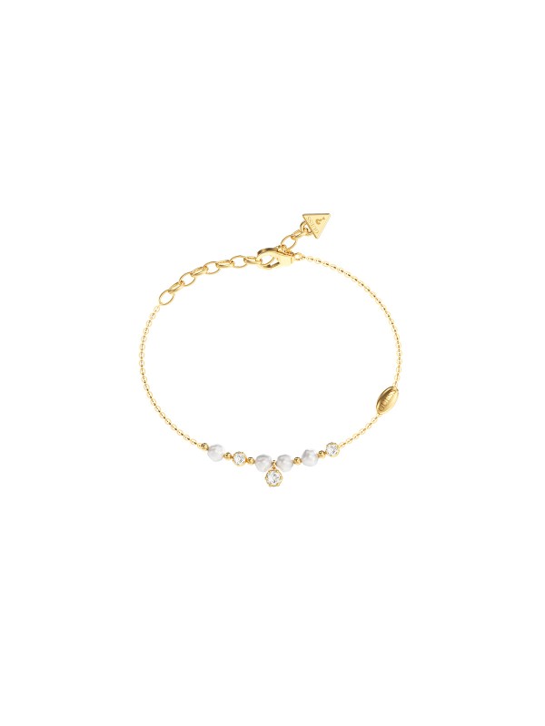 Ženska Guess narukvica u boji žutog zlata sa biserima i cirkonima. Nerđajući čelik, podesiva dužina i elegantan dizajn. Naruči online!