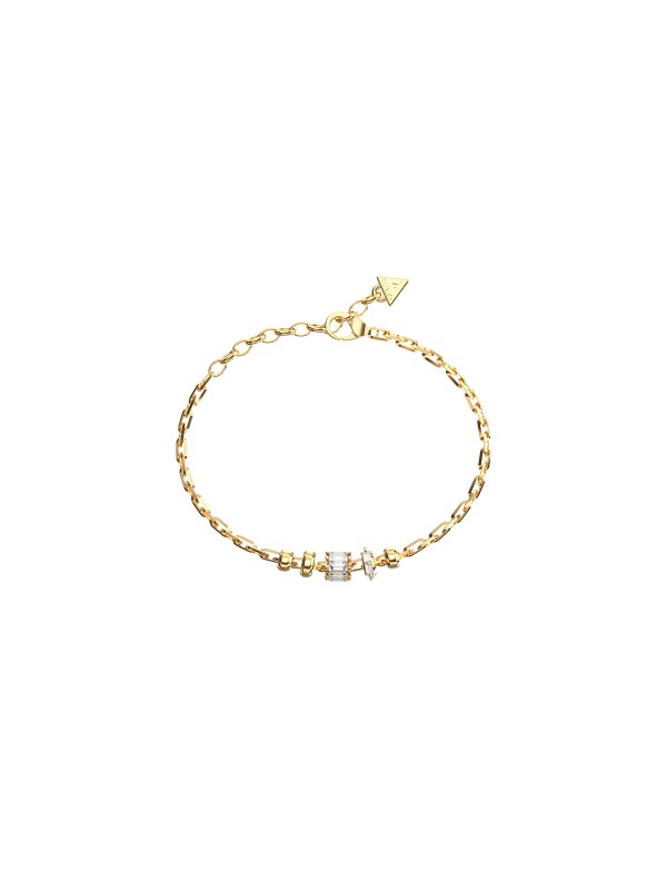Ženska Guess narukvica u boji žutog zlata sa baguette cirkonima. Nerđajući čelik, podesiva dužina i elegantan dizajn. Naruči online!