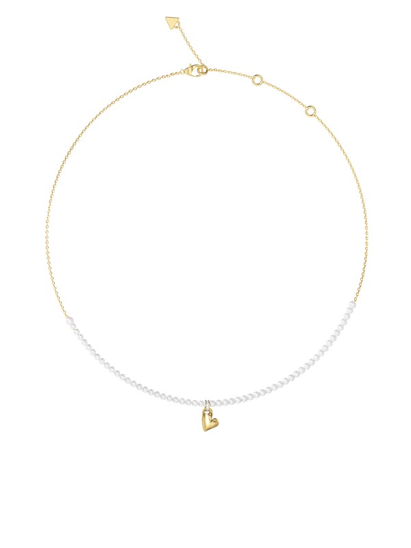 Ženska Guess ogrlica u boji žutog zlata sa sedefastom bisernom perlom i privescima. Elegantan, ženstven dizajn. Naruči online!