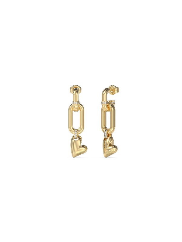 Ženske Guess viseće minđuše u boji žutog zlata sa cirkonima i privescima srca. Dužina 40 mm i elegantan dizajn. Naruči online!