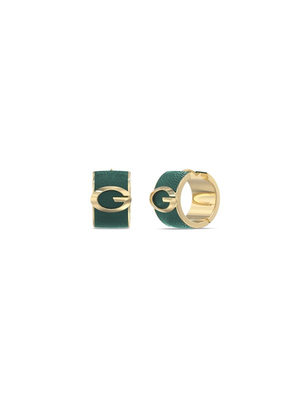 Ženske Guess minđuše u boji žutog zlata sa zelenom kožom i G logom. Nerđajući čelik i elegantan, moderan dizajn. Naruči online!