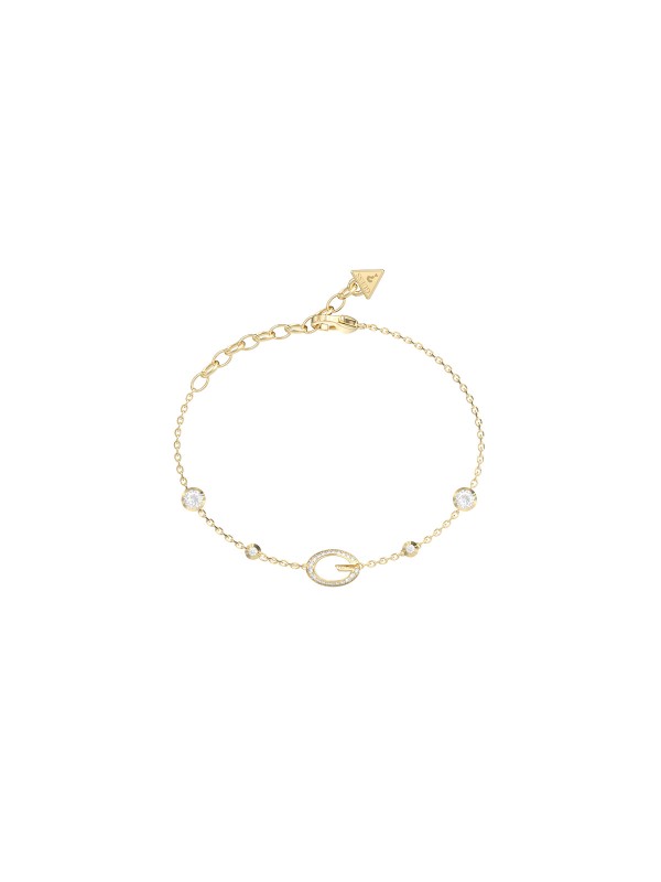 Guess ženska narukvica u boji žutog zlata sa detaljem slova G i cirkonima. Podesiva dužina i elegantan dizajn. Naruči online!