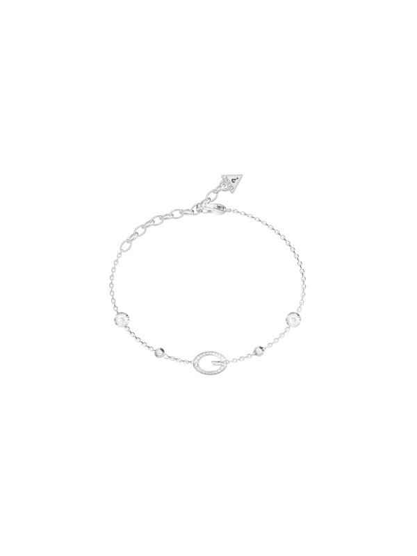 Ženska Guess narukvica u srebrnoj boji sa motivom slova G i cirkonima. Podesiva dužina i minimalistički dizajn. Naruči online!
