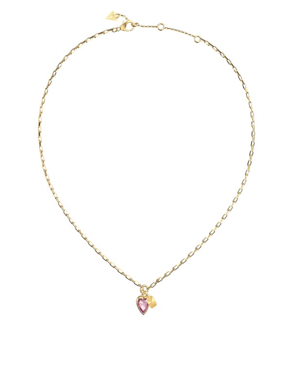 Ženska Guess ogrlica sa tankim lančićem, roze cirkonom u obliku srca i GUESS logom. Podesiva dužina 41–46 cm. Naruči online!