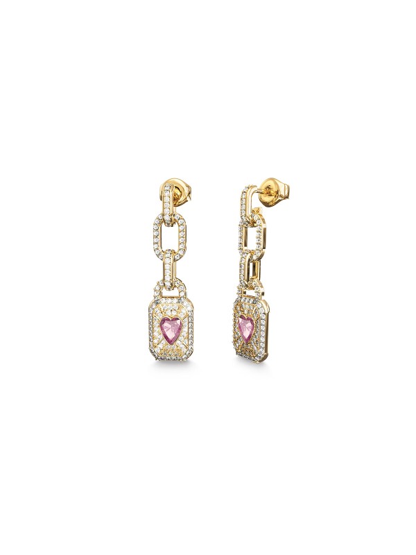 Ženske Guess viseće minđuše u boji žutog zlata sa cirkonima i roze kristalnim srcem. Elegantan, romantičan dizajn. Naruči online!