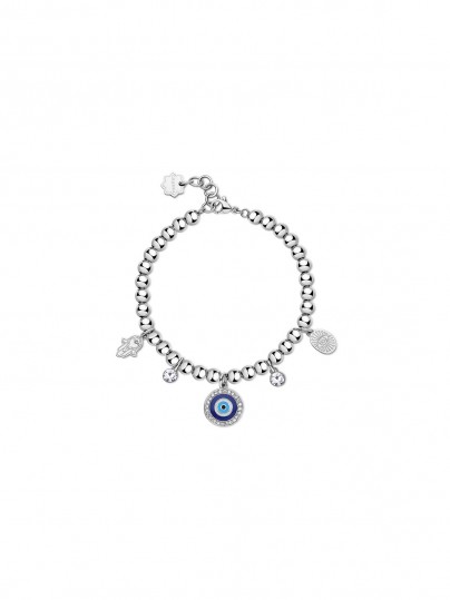 Ženska narukvica sa kuglicama CHAKRA MYSTICAL ✓ Od nerđajućeg čelika u boji srebra ✓ Privesci Evil Eye sa plavim emajlom ➤ Otkrijte odmah!