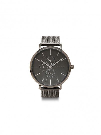 Elegantni muški sat u gun metal boji sa čeličnom mesh narukvicom, kvarcni mehanizam, vodootporan do 50m, prečnik kućišta 44mm.