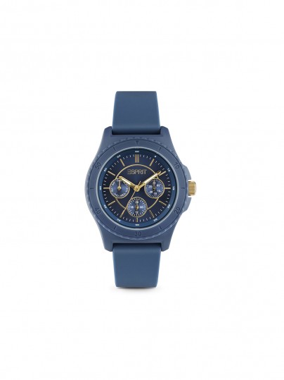 Elegantni Esprit ženski sat od reciklirane plastike u teget boji, prečnika 38mm, sa kvarcnim mehanizmom i vodootpornošću do 30m.