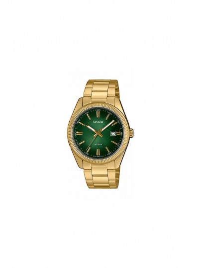 Elegantni Casio muški sat u boji žutog zlata sa zelenim brojčanikom, vodootporan do 50m, idealan za sve prilike.