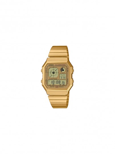 Casio Vintage digitalni sat u retro dizajnu žutog zlata sa LED osvetljenjem, svetskim vremenom i vodootpornošću, idealan za svakodnevnu upotrebu.