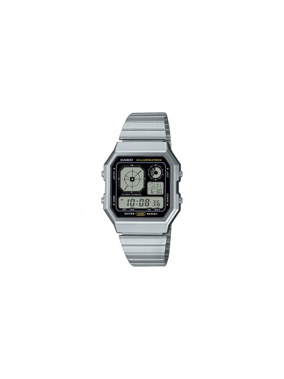 Casio Vintage digitalni sat u retro dizajnu sa crnim brojčanikom i srebrnim kućištem, nudi LED osvetljenje, svetsko vreme i vodootpornost.