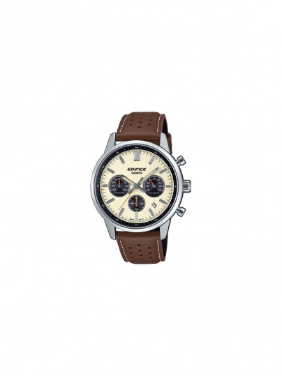 Casio Edifice analogni hronograf sa sportskim dizajnom, bež brojčanikom i braon kožnom narukvicom, idealan za stil i funkcionalnost.