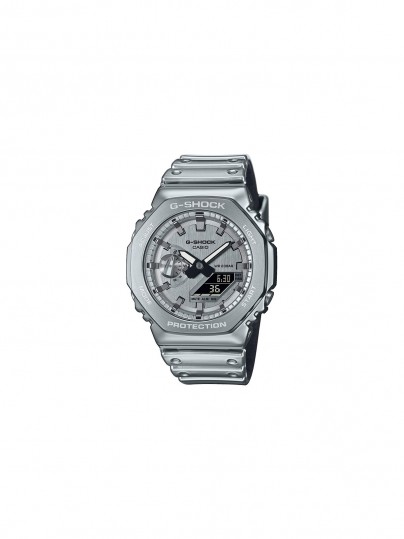 G-SHOCK sat sa čeličnim okvirom i silikonskom narukvicom u sjajnoj metalik srebrnoj boji za moderan i izdržljiv stil.