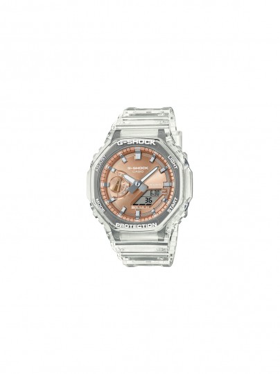 G-SHOCK muški sat oktagonalnog oblika, transparentne bele boje sa bronzanim brojčanikom, iz popularne serije GA-2100.