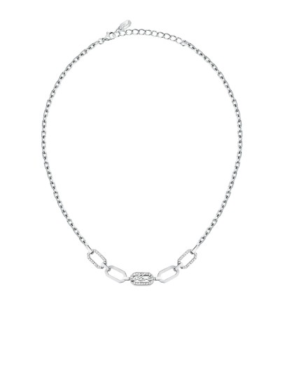 Karl Lagerfeld CRYSTALS ogrlica KLAYC14 – pravougaone karike sa i bez pavé cirkona, u boji srebra, sa upečatljivim KARL logom. Dužina 40+5 cm.
