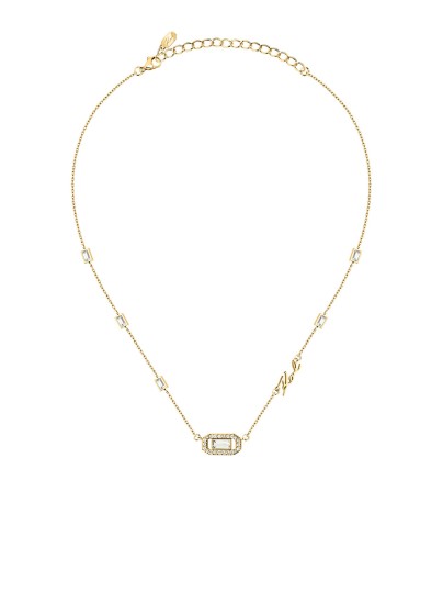 Karl Lagerfeld CRYSTALS ogrlica KLAYC09 – ženska ogrlica od nerđajućeg čelika u boji žutog zlata sa baguette providnim cirkonima i KARL logom. Dužina 38+7 cm.