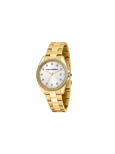 Karl Lagerfeld ROUND ESSENTIALS sat R0553101505 – elegantan ženski sat od nerđajućeg čelika u boji žutog zlata sa cirkonima na kućištu i belim sunray brojčanikom sa cirkon markerima sati. Multifunkcijski mehanizam sa datumom, vodootpornost do 50 m.