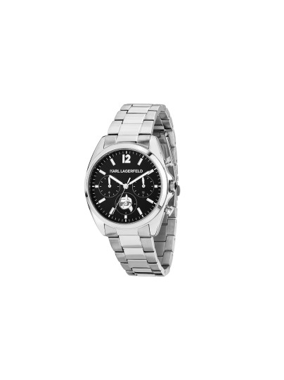 Karl Lagerfeld ROUND ESSENTIALS sat R0553101504 – ženski multifunction sat od nerđajućeg čelika u boji srebra sa crnim sunray brojčanikom i Karl portretom na poziciji 6 h. Vodootpornost do 50 m.
