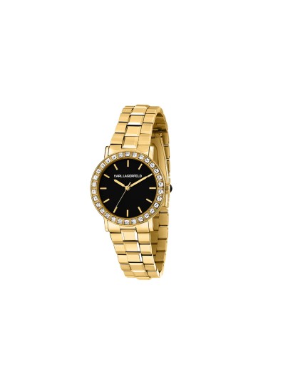 Karl Lagerfeld CRYSTALS sat R0553100508 – elegantan ženski sat od nerđajućeg čelika u boji žutog zlata sa crnim brojčanikom i cirkonima. Vodootpornost do 50 m.