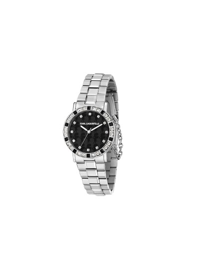 Karl Lagerfeld CRYSTALS sat R0553100502 – elegantan ženski sat u boji srebra sa crnim i providnim kristalima po ivici kućišta, crno‑sivim brojčanikom sa Karl portret printom. Vodootpornost do 50 m.