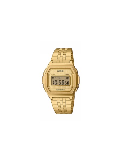 CASIO A1000G-9EF – retro digitalni unisex sat izrađen od nerđajućeg čelika u boji žutog zlata. Sadrži LED osvetljenje, štopericu, dnevni alarm, automatski kalendar i mineralno staklo. Vodootpornost prema ISO 22810 standardu čini ga pogodnim za svakodnevnu upotrebu bez direktnog kontakta s vodom.