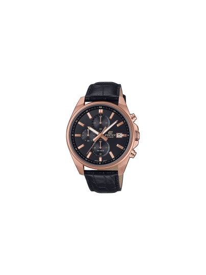 EDIFICE EFV-610ECL-1AUEF – elegantni muški hronograf srednje veličine sa kućištem od nerđajućeg čelika u boji roze zlata i crnom kožnom narukvicom sa kroko printom, funkcionalnim štopericom, prikazom datuma, neon displejom i vodootpornošću do 100m.