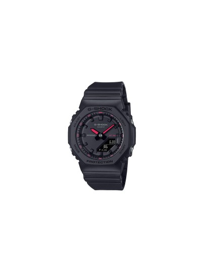 G-SHOCK GMA-P2100SA-1A1ER – kompaktan crni ženski analogno-digitalni sportski sat sa crvenim detaljima na brojčaniku i kazaljkama, otporan na udarce, vodootporan do 200m, sa super osvetljenjem, štopericom, tajmerom, svetskim vremenom i 5 alarma.