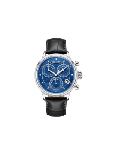 CERRUTI 1881 DERVIO CIWGC0073303 – sofisticirani muški sat sa plavim brojčanikom i kućištem od nerđajućeg čelika u boji srebra. Crna kožna narukvica sa kroko teksturom i žlebljena krunica dopunjuju vintage inspirisan izgled, dok multifunkcionalni kvarcni mehanizam pruža modernu funkcionalnost.