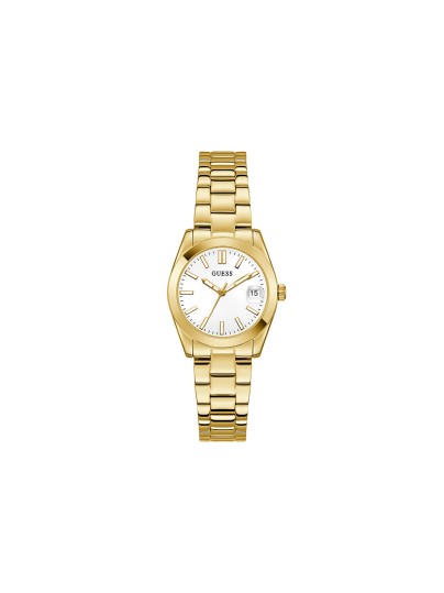 GUESS ALICE ženski sat u boji žutog zlata sa belim sunray brojčanikom i ispupčenim displejem za datum. Kućište 32 mm, elegantna narukvica u boji žutog zlata, vodootpornost 30 m.
