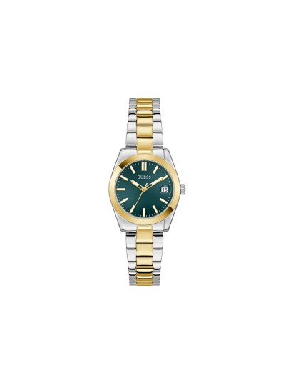 GUESS ALICE ženski sat u kombinaciji srebra i žutog zlata sa zelenim sunray brojčanikom i ispupčenim displejem za datum. Kućište 32 mm, elegantna narukvica u dve boje, vodootpornost 30 m.