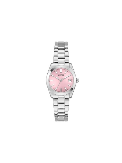 GUESS ALICE ženski sat u boji srebra sa roze sunray brojčanikom i ispupčenim displejem za datum. Jednostavan i elegantan dizajn, kućište 32 mm, vodootpornost 30 m.