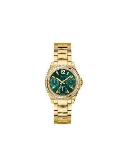 GUESS RITZY ženski multi-function sat u boji žutog zlata sa zelenim sunray brojčanikom i dvorednim cirkonima na koroni. Prečnik 36 mm, vodootpornost 50 m.