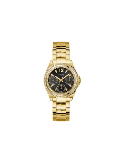 GUESS RITZY ženski multi-function sat u boji žutog zlata sa crnim sunray brojčanikom i dvorednim cirkonima na koroni. Prečnik 36 mm, vodootpornost 50 m.