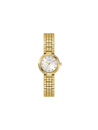 GUESS CLARA ženski elegantni sat u boji žutog zlata sa belim sunray brojčanikom, asimetrično postavljenim cirkonima na kućištu i markerima od cirkona. Prečnik 28 mm, vodootpornost 30 m.