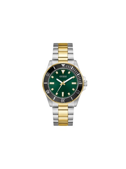 GUESS CLIFF muški sportski sat u kombinaciji srebrne i žutog zlata sa zelenim sunray brojčanikom i crnom aluminijumskom koronom. Kućište 41 mm, vodootpornost 50 m.