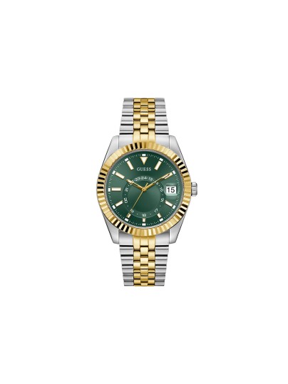 GUESS JADEN muški sat u boji srebra i žutog zlata sa zelenim sunray brojčanikom, multi-function prikazom i datumom. Jubilee narukvica, prečnik kućišta 42 mm.