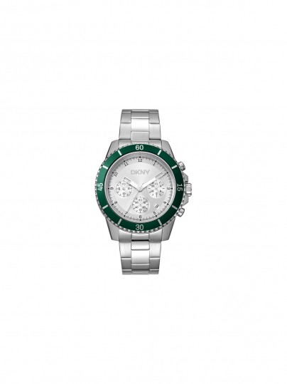 DKNY muški sat hronograf, 42mm, čelično srebrno kućište sa zelenom koronom, srebrni brojčanik, čelična narukvica. Vodootporan do 100m.