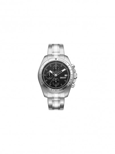 DKNY muški sat hronograf, 42mm srebrno kućište, crni brojčanik, čelična narukvica. Vodootporan do 100m, kvarcni mehanizam.