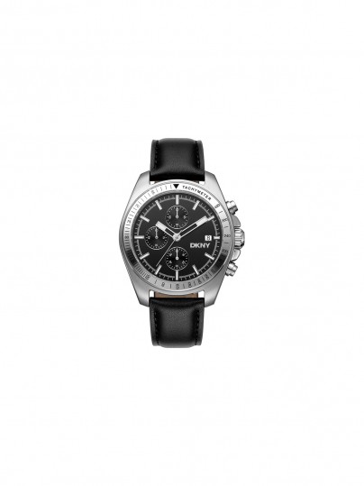 DKNY muški sat hronograf, 42mm srebrno kućište, crni brojčanik, crna kožna narukvica, vodootporan do 100m, kvarcni mehanizam.