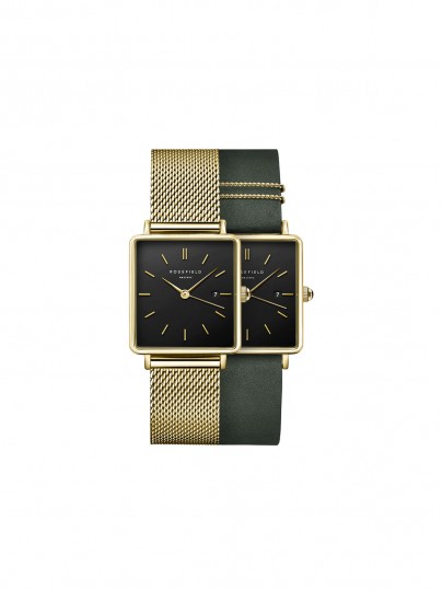 Poklon set sa Boxy Black Forest Green satom i dodatnim zlatnim čeličnim kaišem, savršen za elegantan stil.