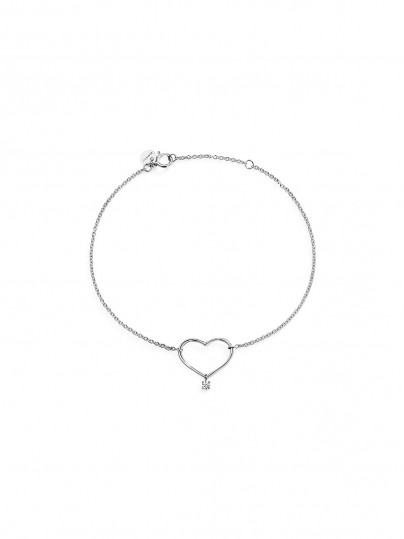 Elegantna Burato Con Amore narukvica od 18ct belog zlata sa srcem i belim dijamantom. Podesiva dužina, savršen poklon za voljenu osobu.