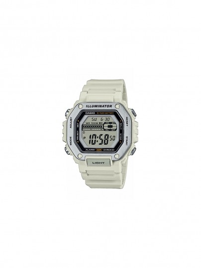 Casio muški digitalni sat sa belom gumenom narukvicom, vodootporan do 100m, sa LED svetlom, štopericom, tajmerom i 10-godišnjom baterijom.