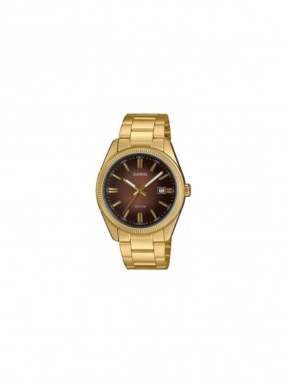 Elegantni Casio muški sat u boji žutog zlata sa braon brojčanikom, idealan za sve prilike, vodootporan do 50m, sa datumom i neon displejom.