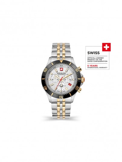 Elegantni SWISS MILITARY HANOWA FLAGSHIP X Chrono sat kombinuje švajcarsku preciznost i stil sa dvobojnim čelikom i vodootpornošću do 100m.