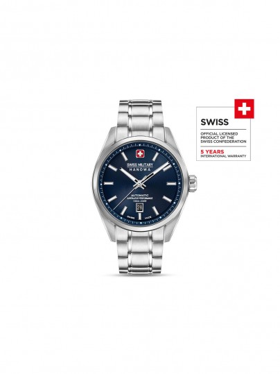 Elegantni SWISS MILITARY HANOWA MAJESTIC PIONEER sat sa automatskim mehanizmom, teget brojčanikom i vodootpornošću do 100m.
