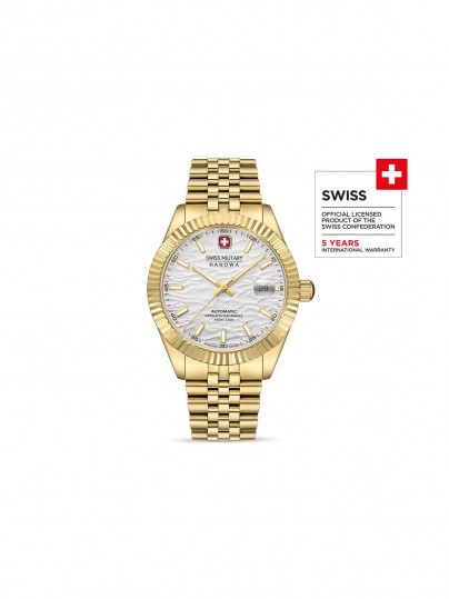 Elegantni SWISS MILITARY HANOWA sat sa zlatnim kućištem i srebrnim brojčanikom, automatski mehanizam, vodootporan do 100m, savršen za svaku priliku.